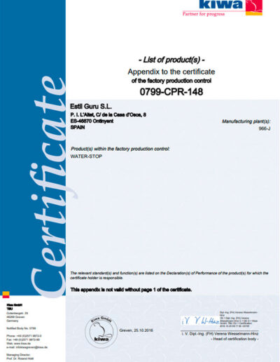 Appendix to the certificate of the factory production control